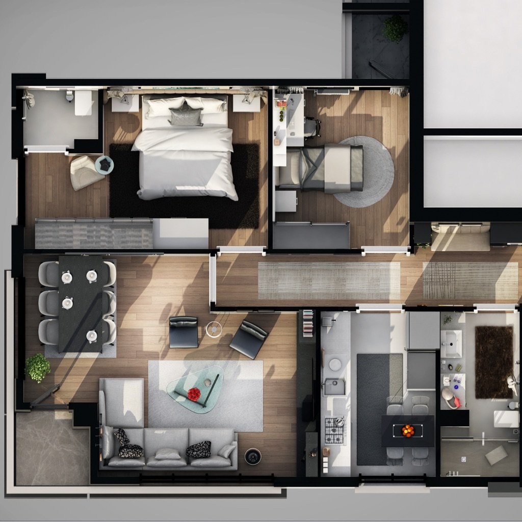 3D-Grundriss einer Wohnung — Raumaufteilung und Wohnfläche