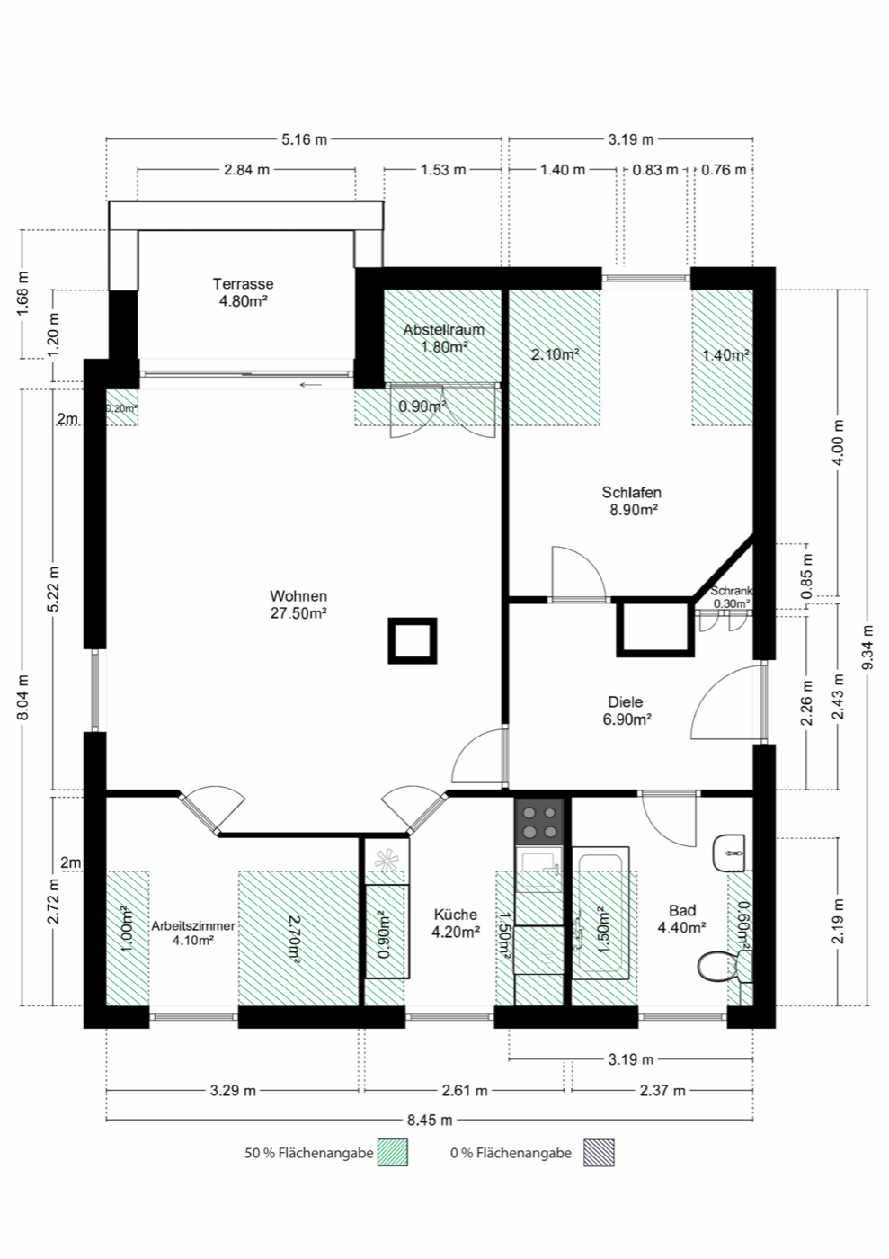 Bemaßter Grundriss einer Dachgeschosswohnung mit Kennzeichnung der Anrechnungsflächen